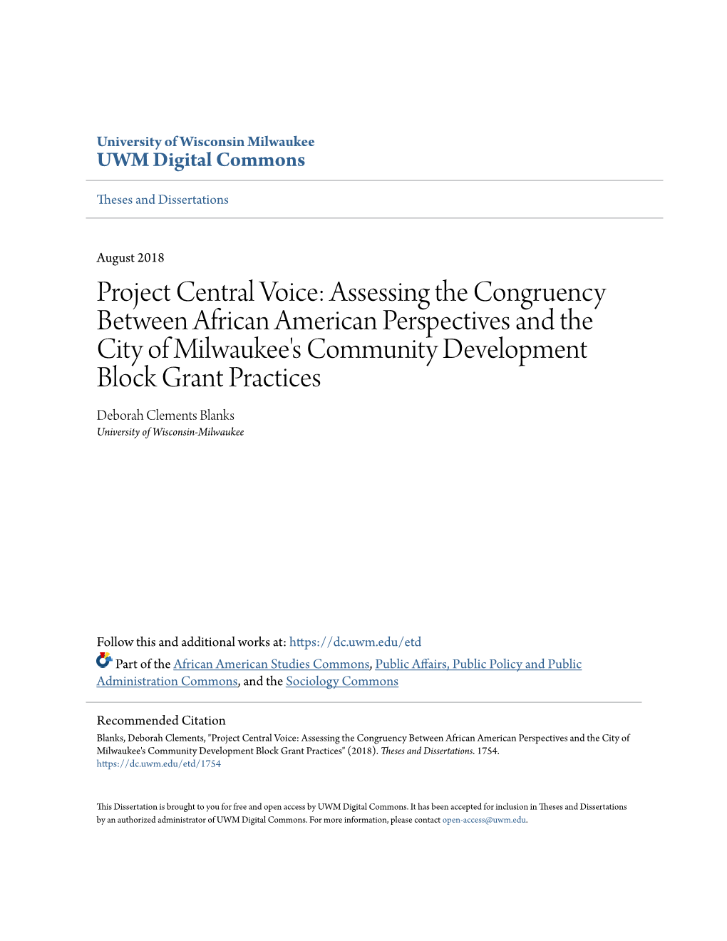 Project Central Voice: Assessing the Congruency Between African American Perspectives and the City of Milwaukee's Community