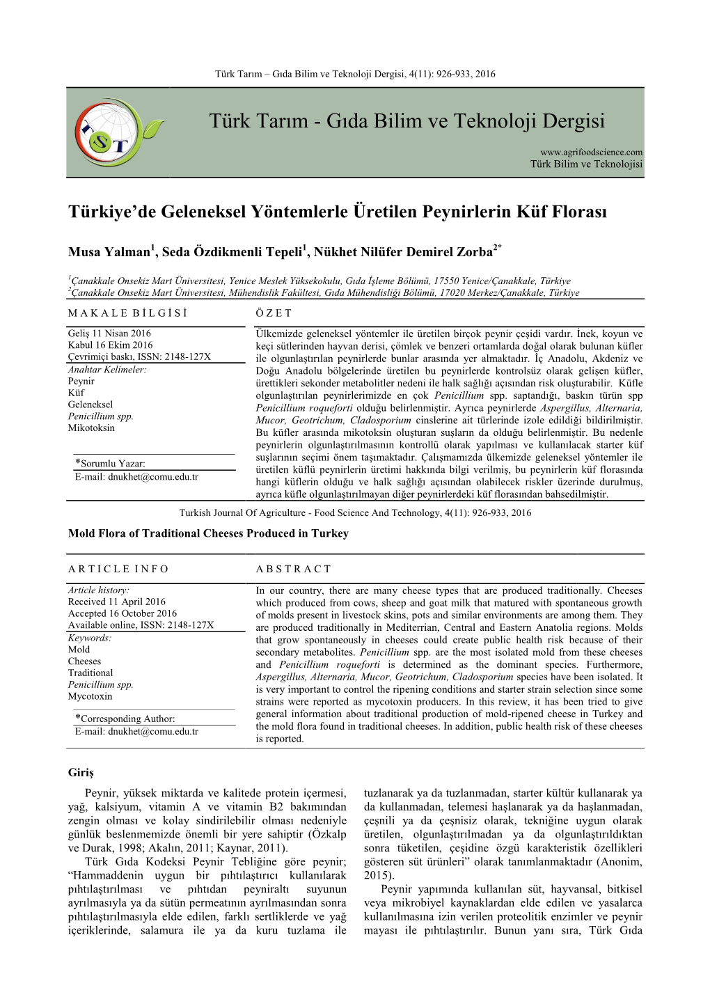Türk Tarım – Gıda Bilim Ve Teknoloji Dergisi, 4(11): 926-933, 2016