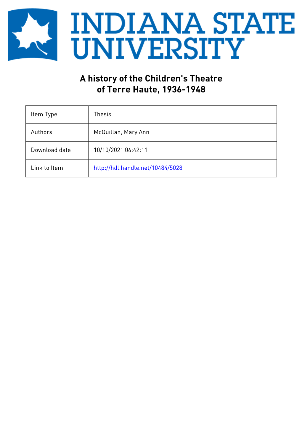 A History of the Children's Theatre of Terre Haute A