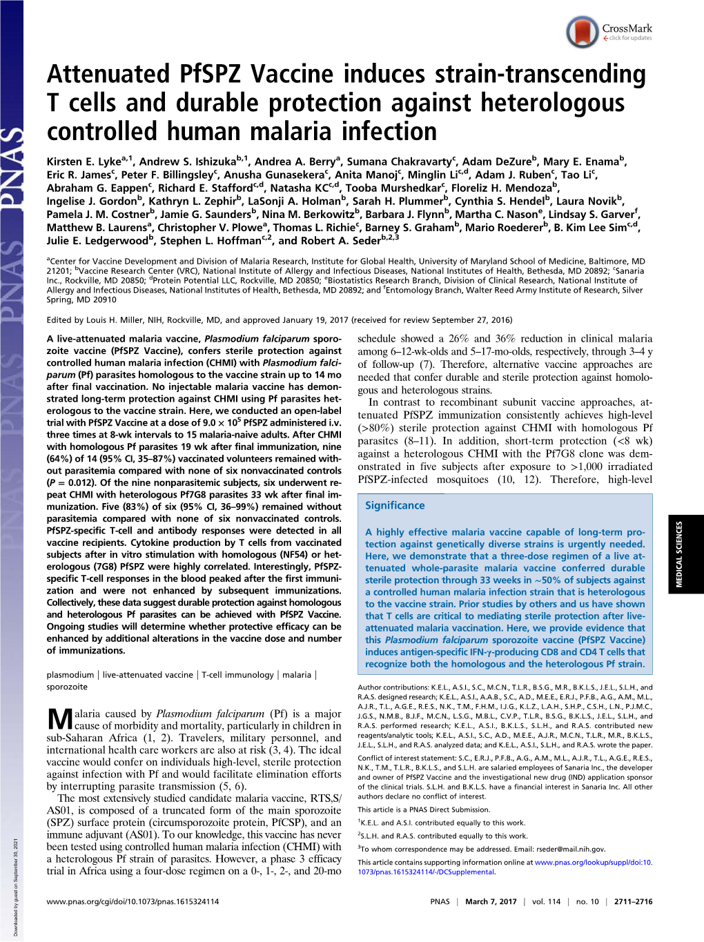 Attenuated Pfspz Vaccine Induces Strain-Transcending T Cells and Durable Protection Against Heterologous Controlled Human Malaria Infection