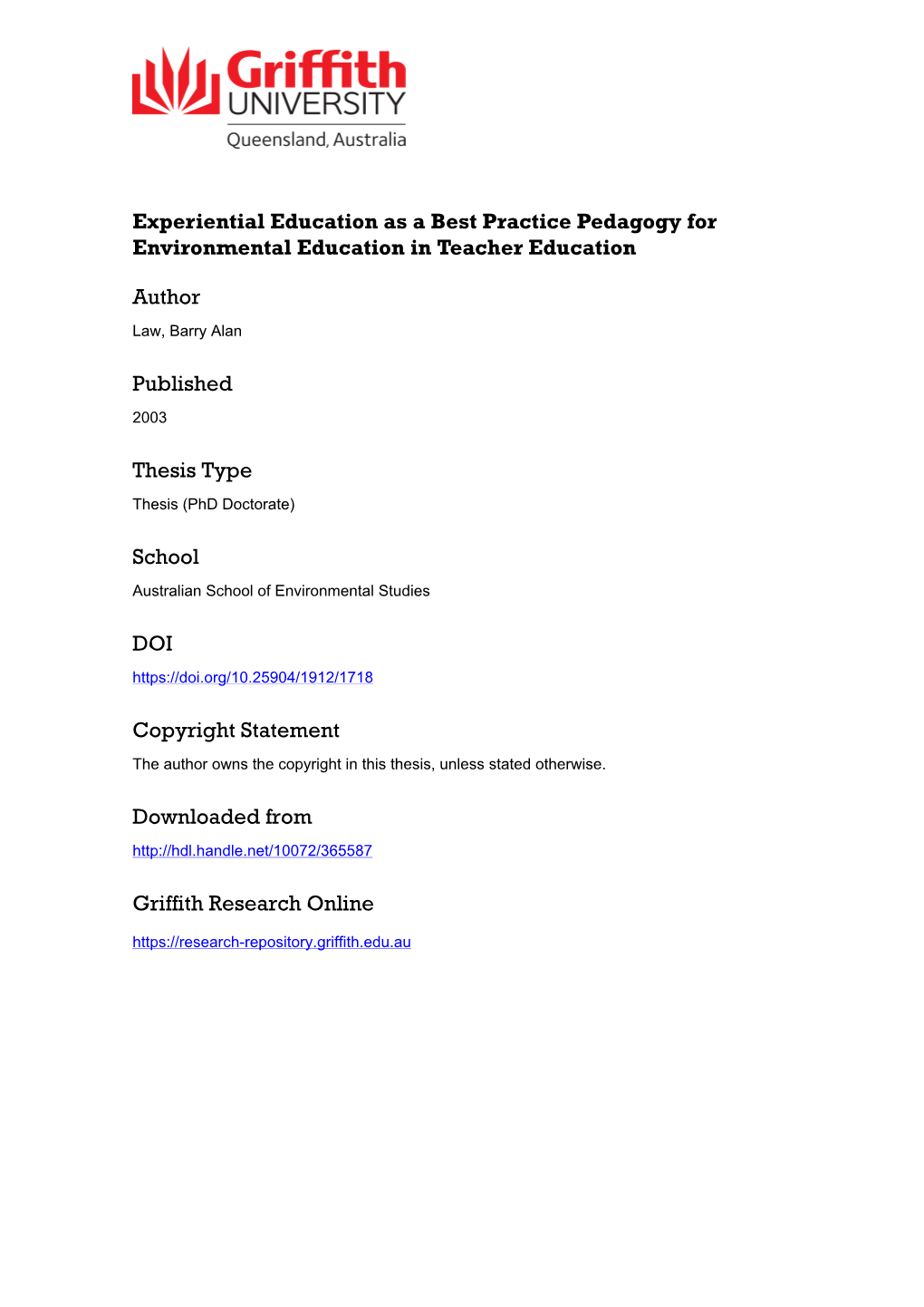 Experiential Education As a Best Practice Pedagogy for Environmental Education in Teacher Education