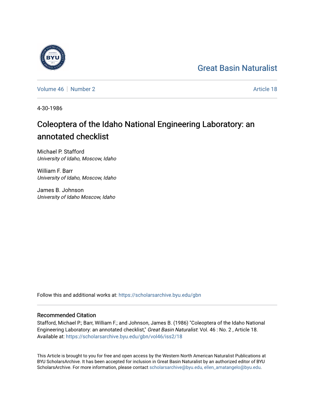 Coleoptera of the Idaho National Engineering Laboratory: an Annotated Checklist