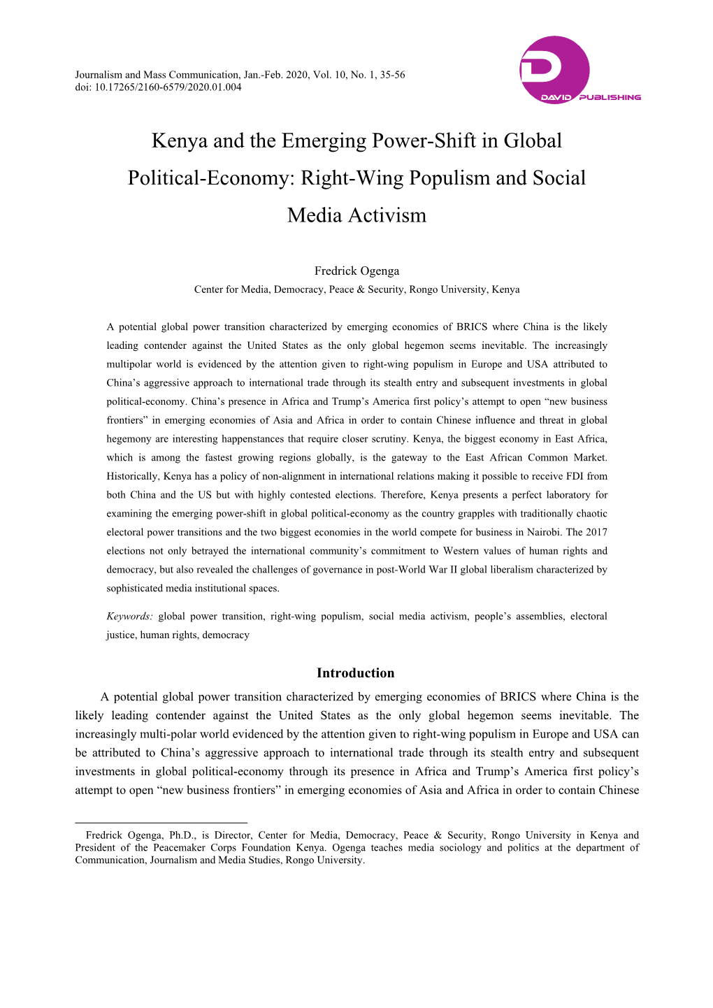 Kenya and the Emerging Power-Shift in Global Political-Economy: Right-Wing Populism and Social Media Activism
