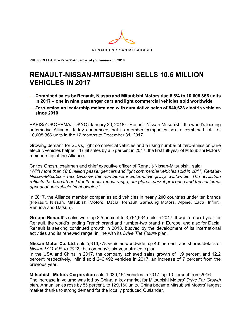 Renault-Nissan-Mitsubishi Sells 10.6 Million Vehicles in 2017
