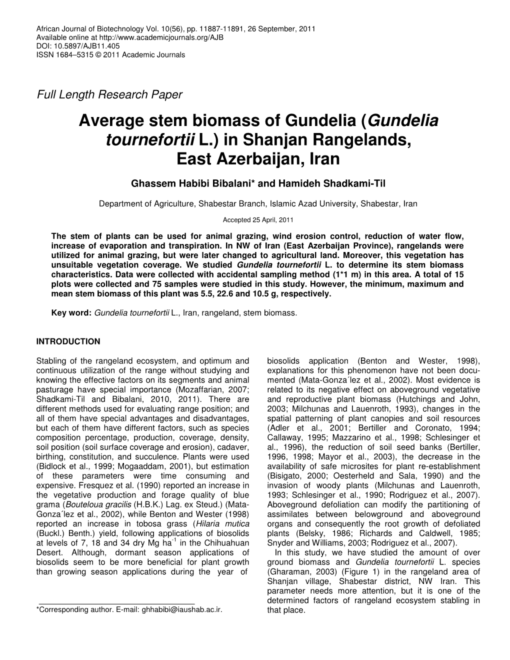 Gundelia Tournefortii L.) in Shanjan Rangelands, East Azerbaijan, Iran