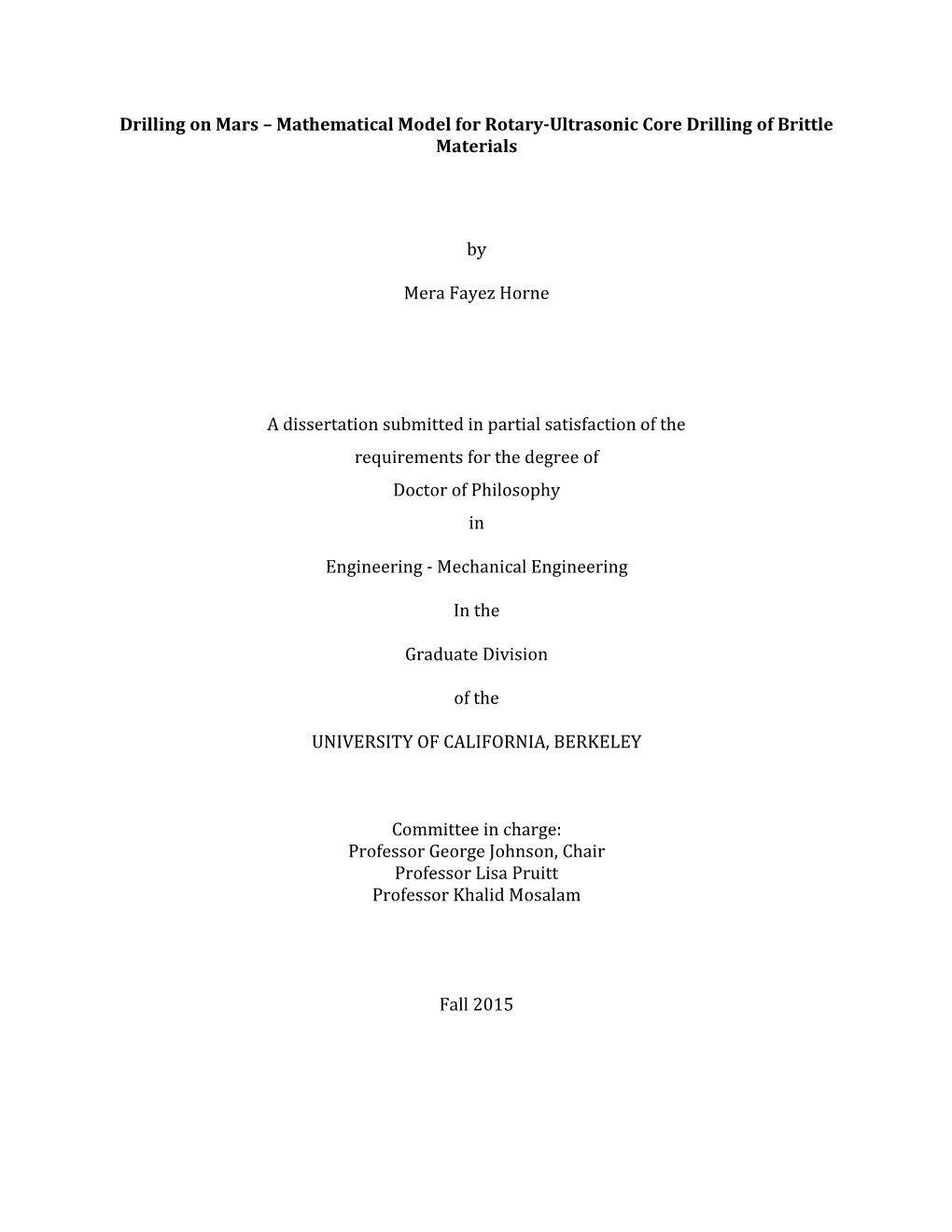 Mathematical Model for Rotary-Ultrasonic Core Drilling of Brittle Materials by Mera Fayez Horne a Dissertat