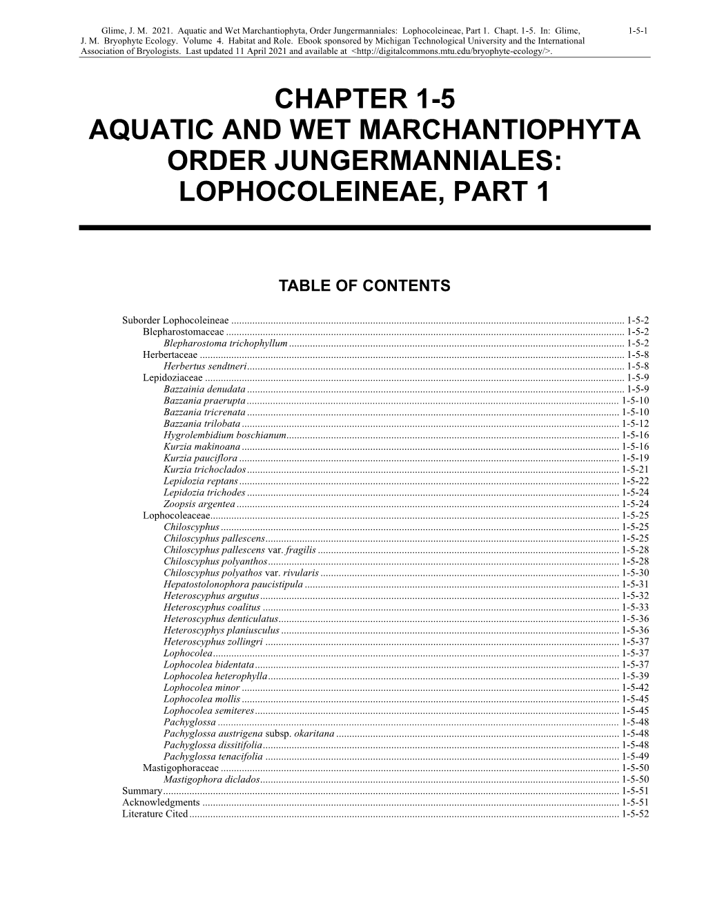 Aquatic and Wet Marchantiophyta Order Jungermanniales: Lophocoleineae, Part 1