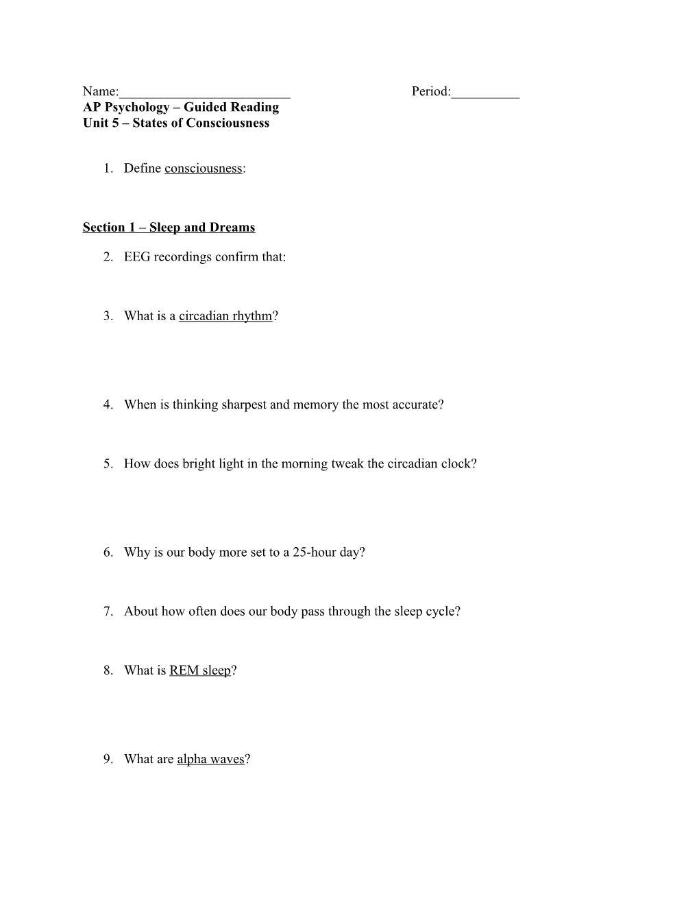 AP Psychology Guided Reading Unit 5 States of Consciousness