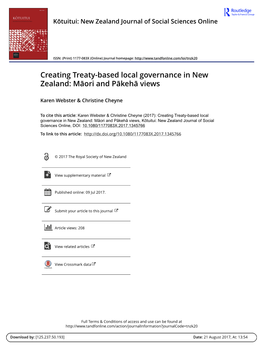 Creating Treaty-Based Local Governance in New Zealand: Māori and Pākehā Views