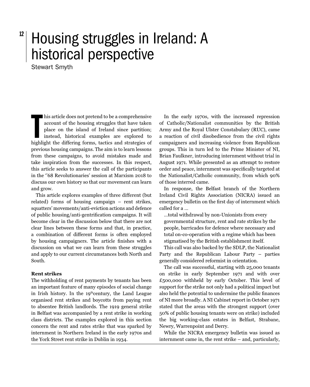 Housing Struggles in Ireland: a Historical Perspective Stewart Smyth