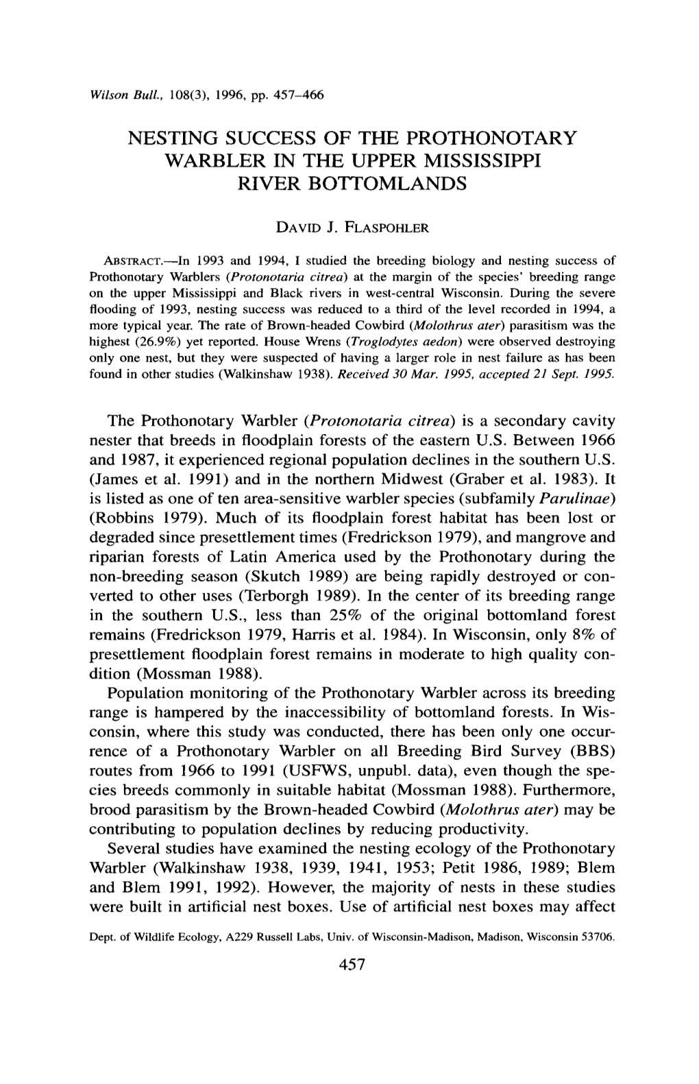 Nesting Success of the Prothonotary Warbler in the Upper Mississippi River Bottomlands