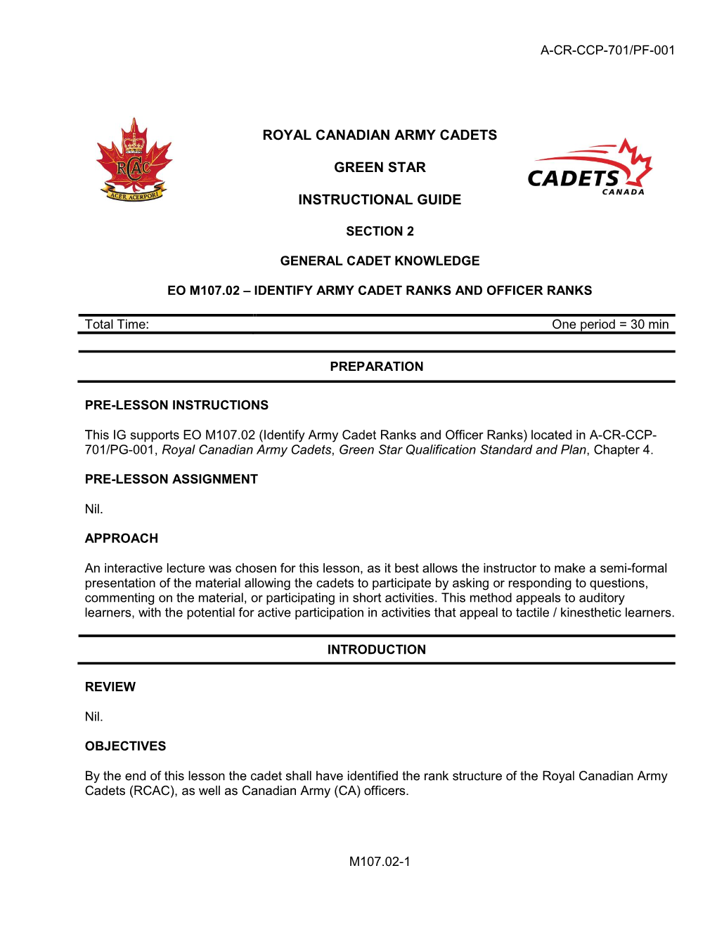 Royal Canadian Army Cadets Green Star Instructional