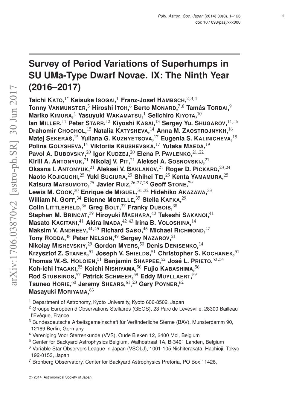 Survey of Period Variations of Superhumps in SU Uma-Type Dwarf Novae. IX: the Ninth Year (2016-2017)