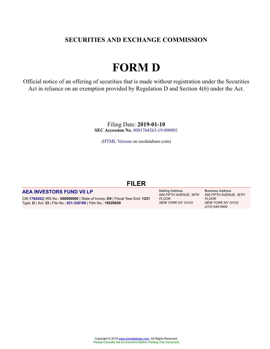 AEA INVESTORS FUND VII LP Form D Filed 2019-01-10