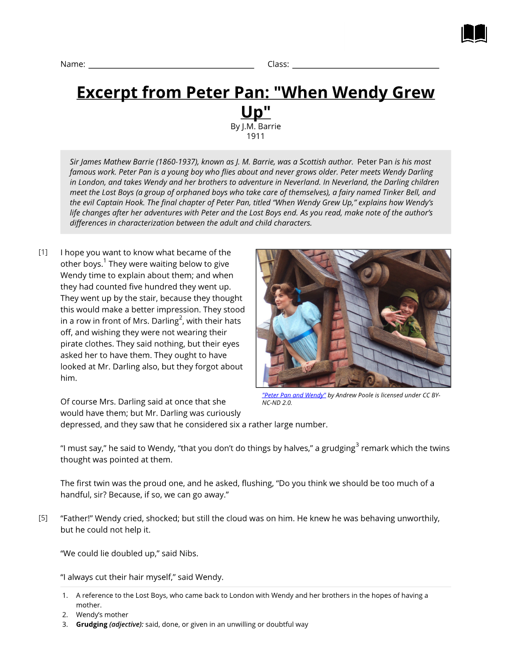 Excerpt from Peter Pan: "When Wendy Grew Up" by J.M