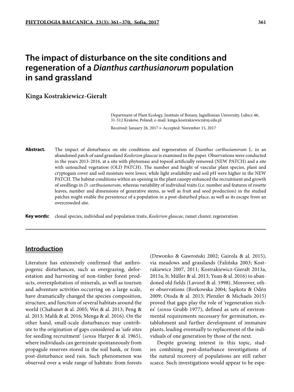 The Impact of Disturbance on the Site Conditions and Regeneration of a Dianthus Carthusianorum Population in Sand Grassland