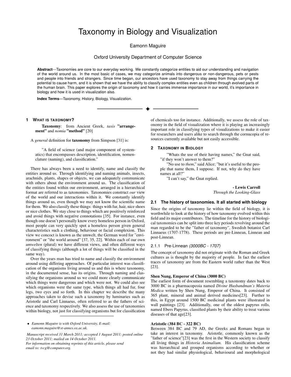 Taxonomy in Biology and Visualization