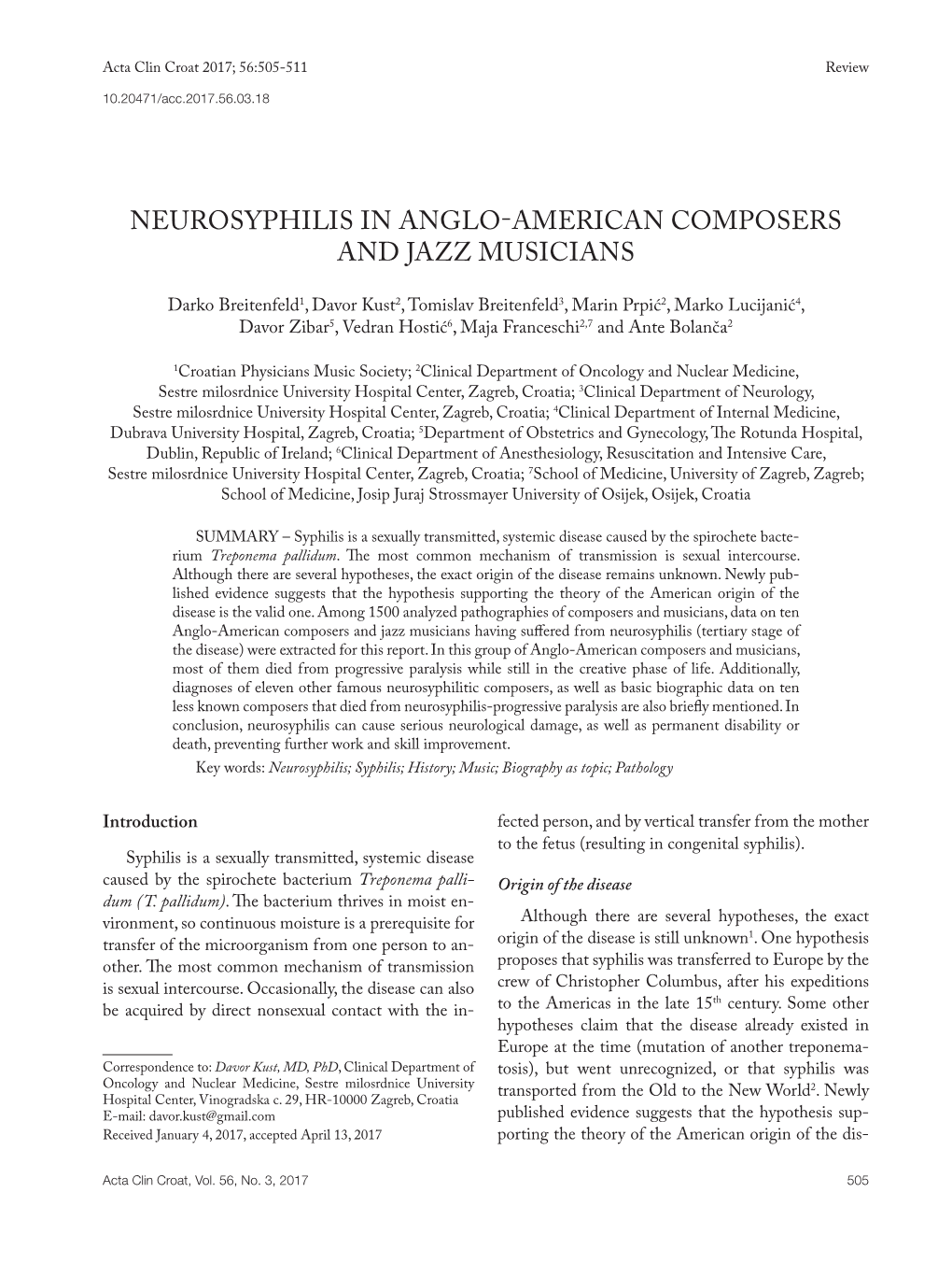 Neurosyphilis in Anglo American Composers And