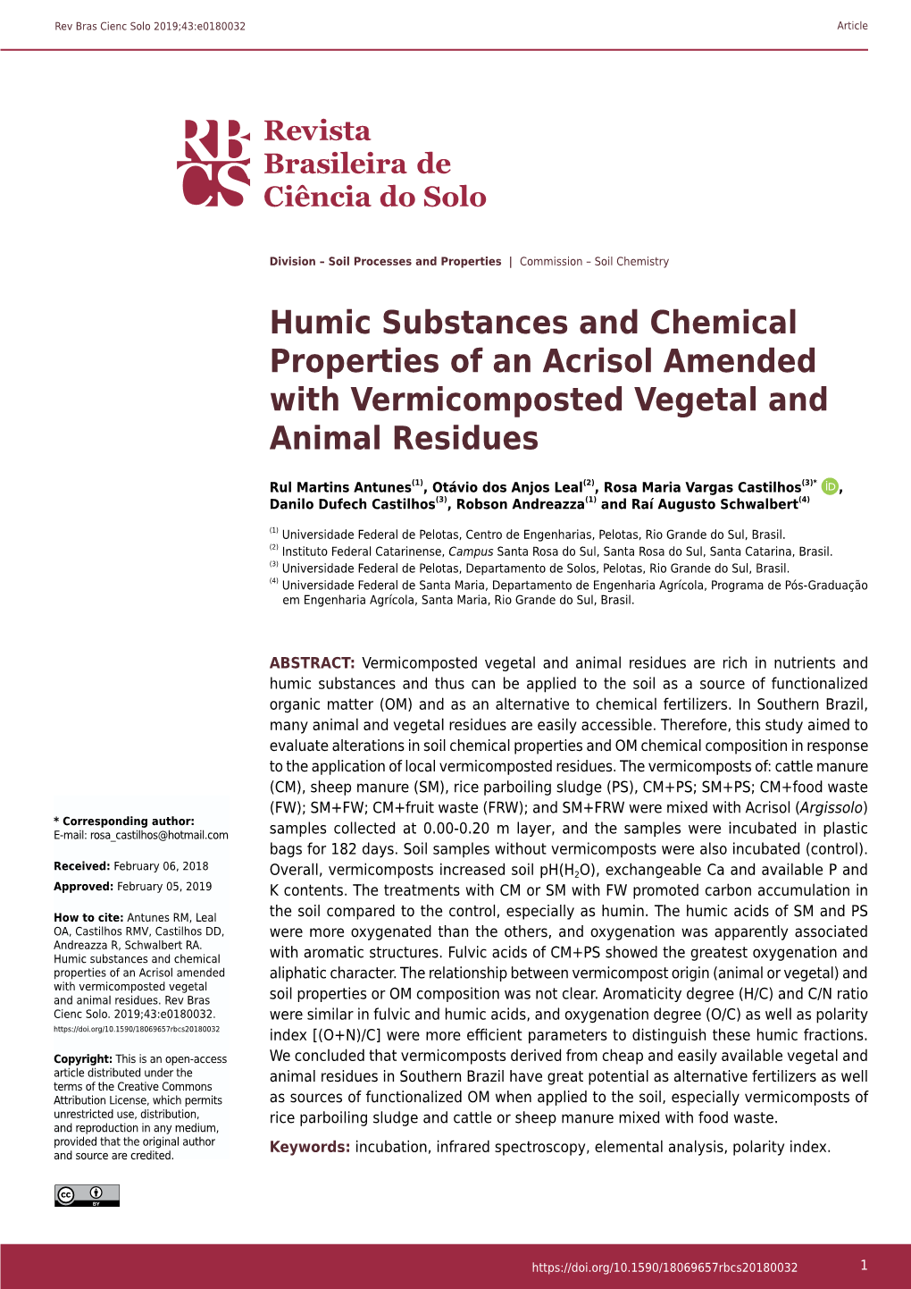 Humic Substances and Chemical Properties of an Acrisol Amended with Vermicomposted Vegetal and Animal Residues