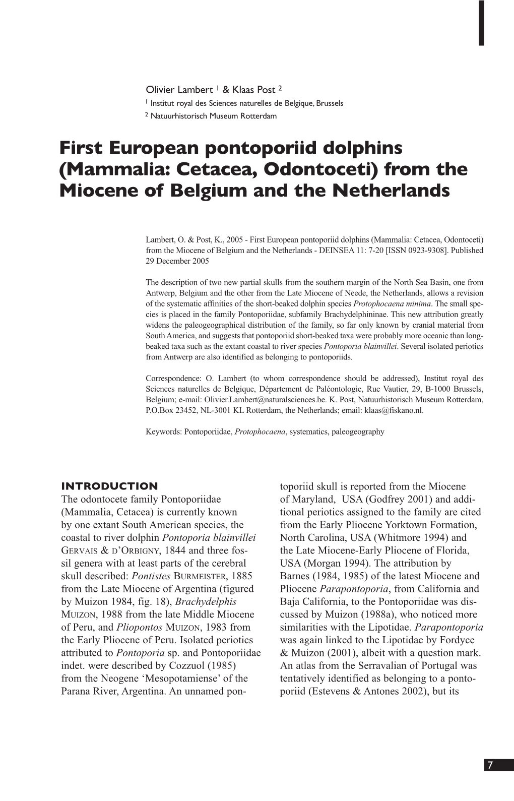 (Mammalia: Cetacea, Odontoceti) from the Miocene of Belgium and the Netherlands