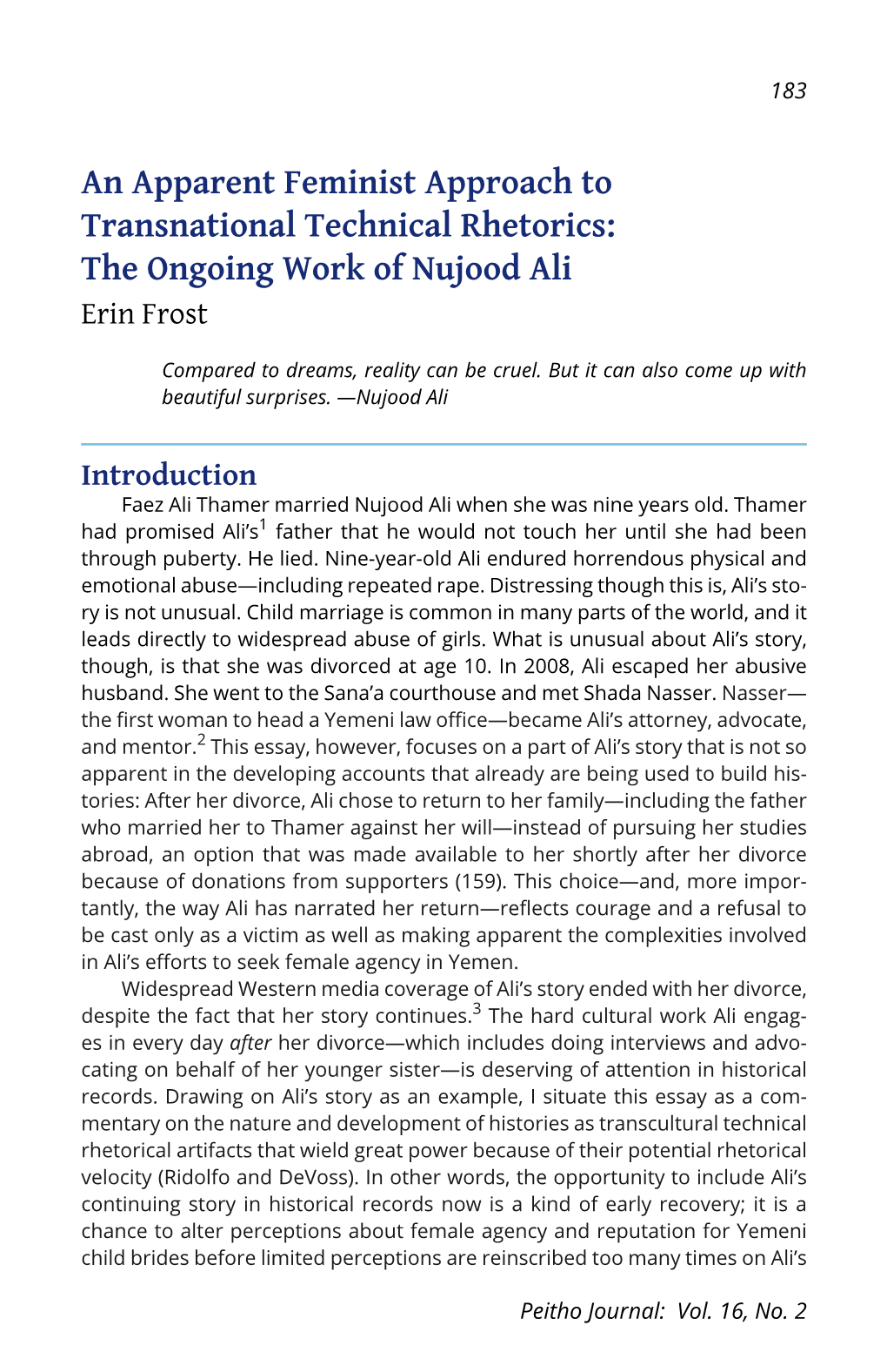 An Apparent Feminist Approach to Transnational Technical Rhetorics: the Ongoing Work of Nujood Ali Erin Frost