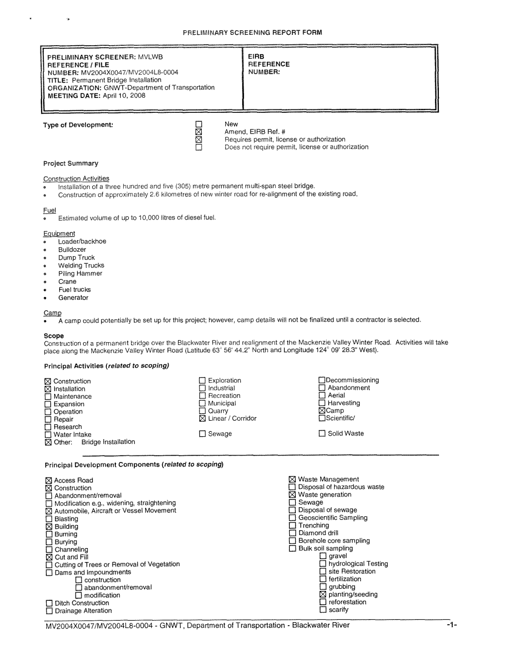 Preliminary Screening Report Form