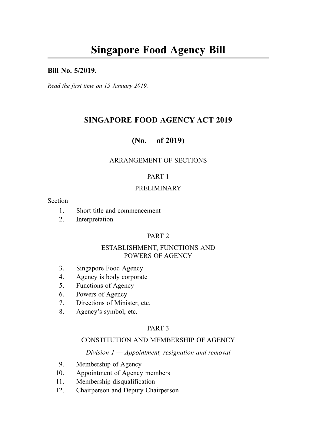 Singapore Food Agency Bill