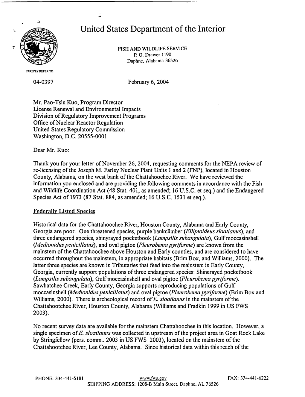 U.S. Fish and Wildlife Service Letter to NRC Providing Scoping