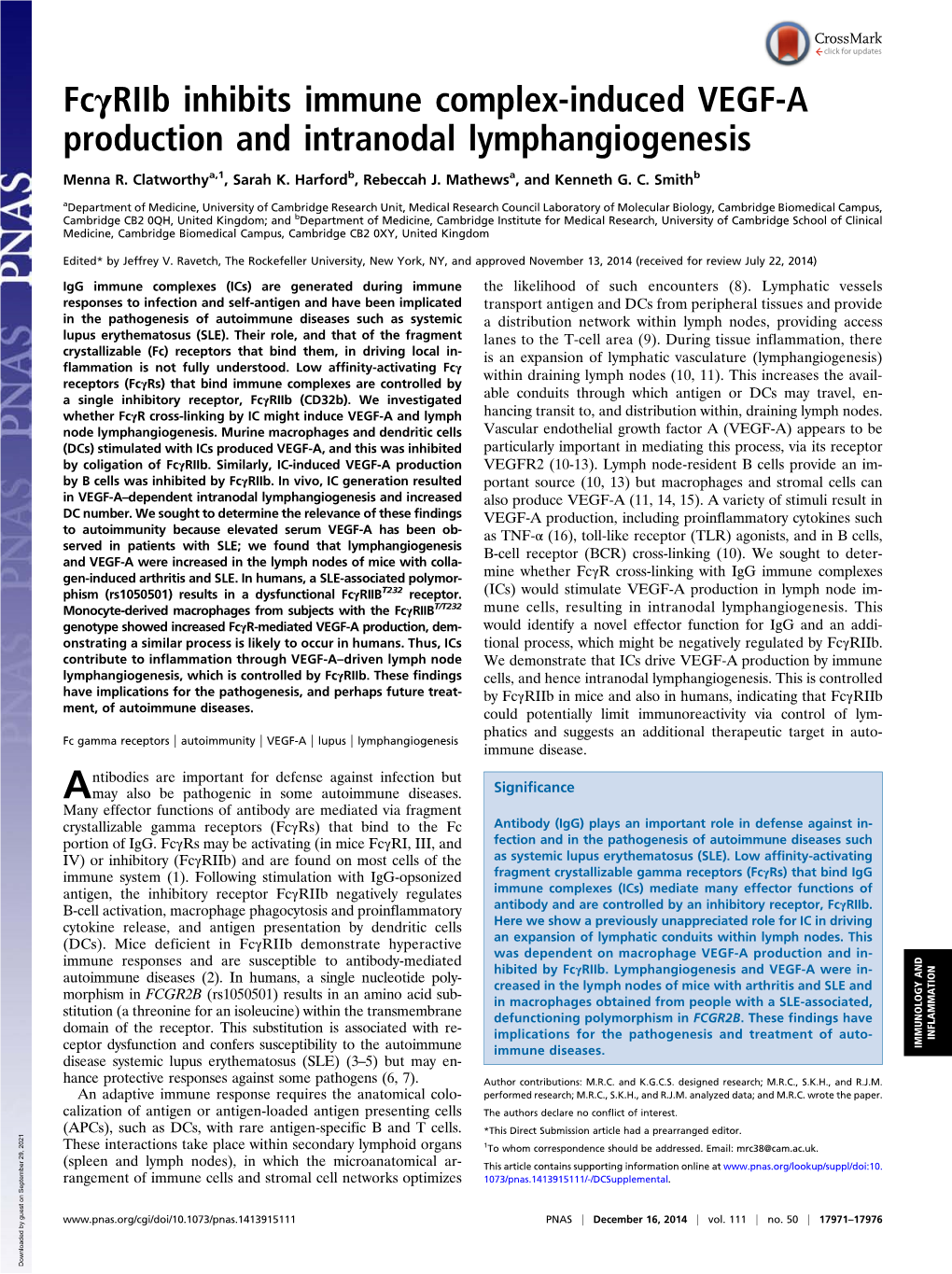 Fcγriib Inhibits Immune Complex-Induced VEGF-A Production and Intranodal Lymphangiogenesis