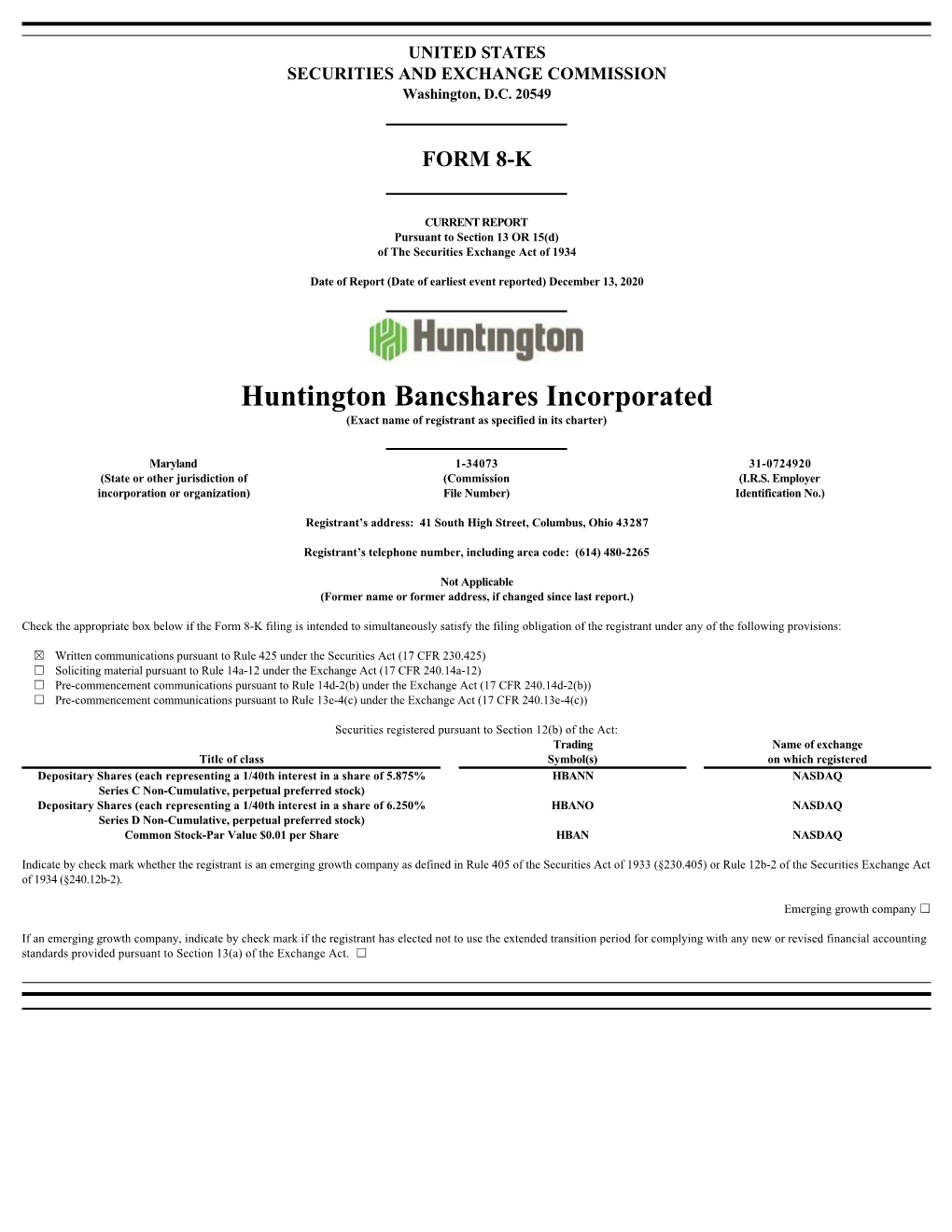 Huntington Bancshares Incorporated Investor Relations