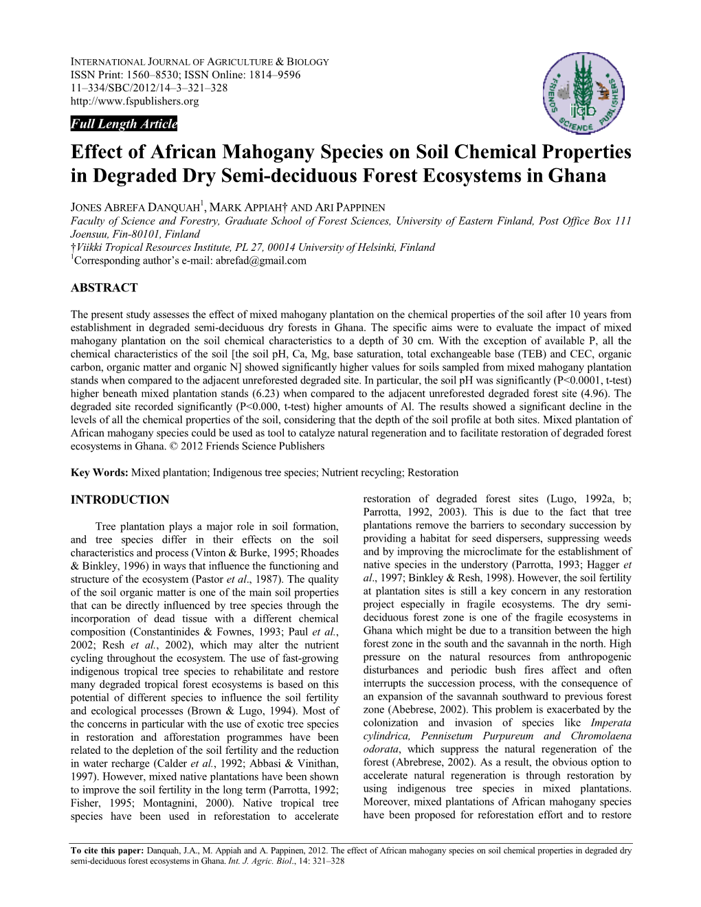 Effect of African Mahogany Species on Soil Chemical Properties in Degraded Dry Semi-Deciduous Forest Ecosystems in Ghana