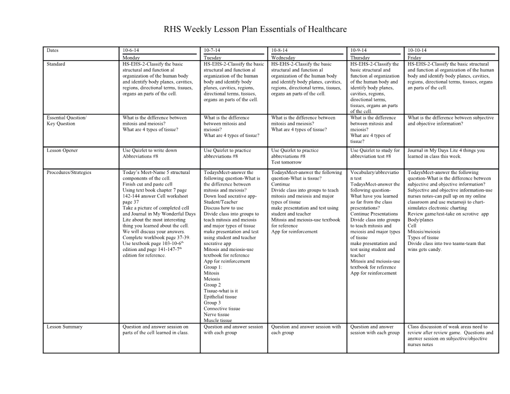 RHS Weekly Lesson Plan Essentials of Healthcare