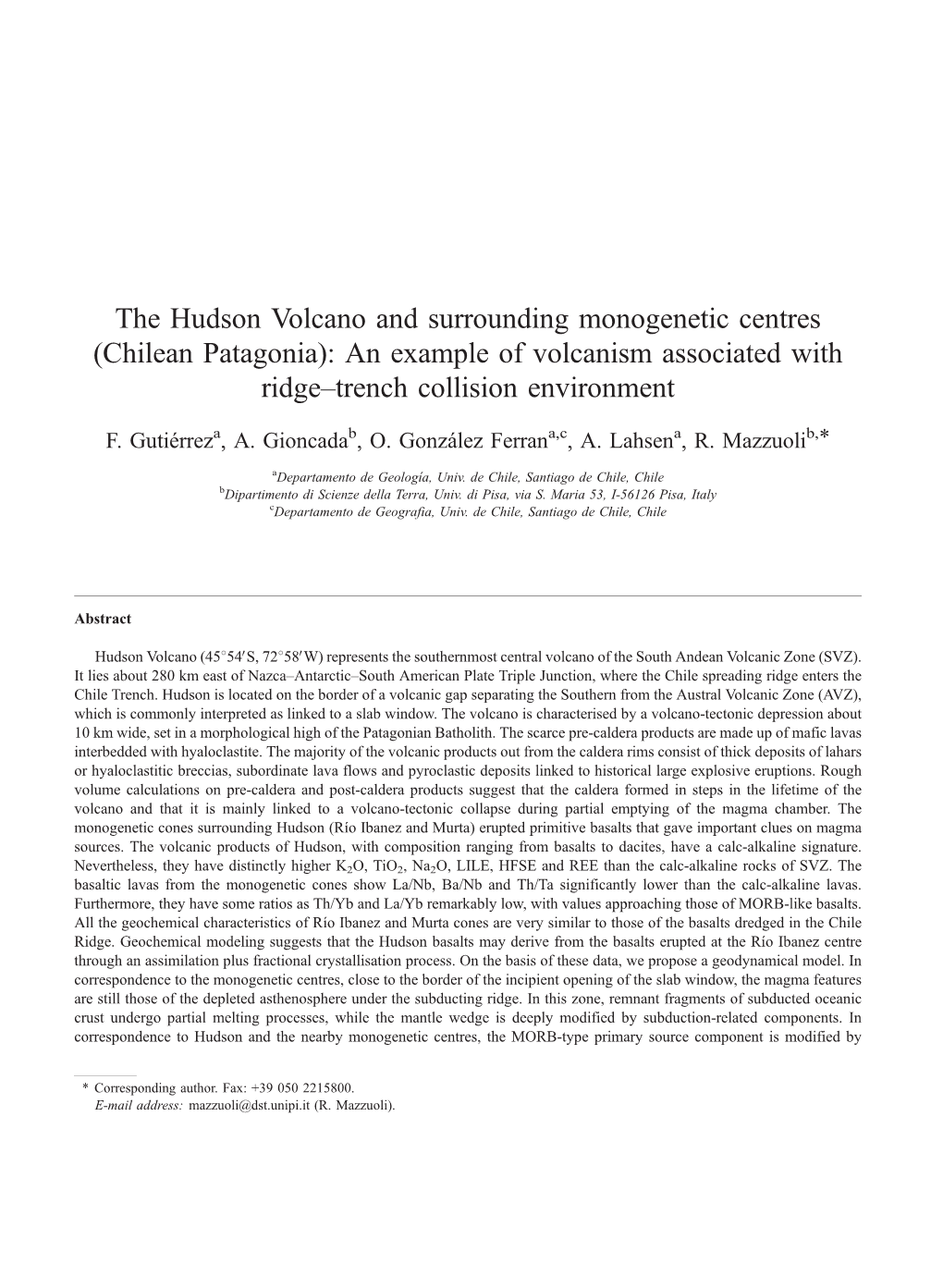 The Hudson Volcano and Surrounding Monogenetic Centres (Chilean Patagonia): an Example of Volcanism Associated with Ridge–Trench Collision Environment