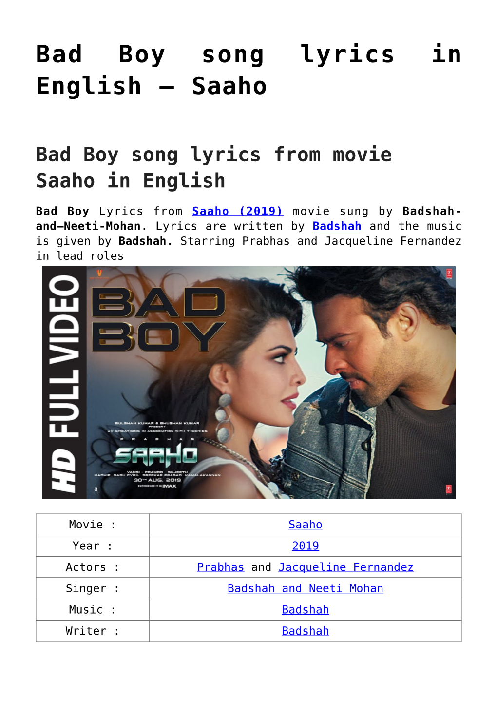 Bad Boy Song Lyrics in English &#8211; Saaho
