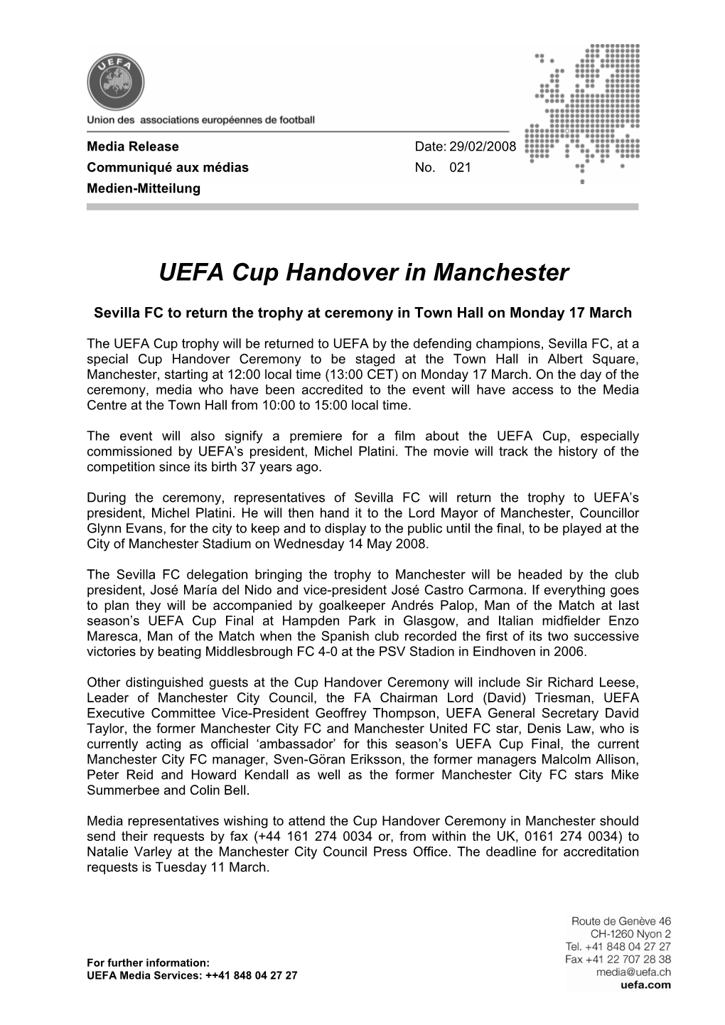 021: UEFA Cup Handover in Manchester