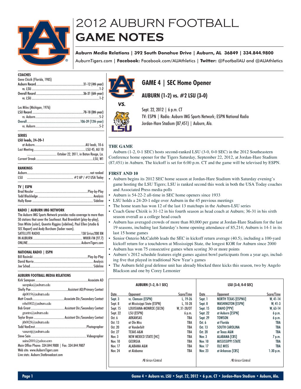 2012 Auburn Football Game Notes