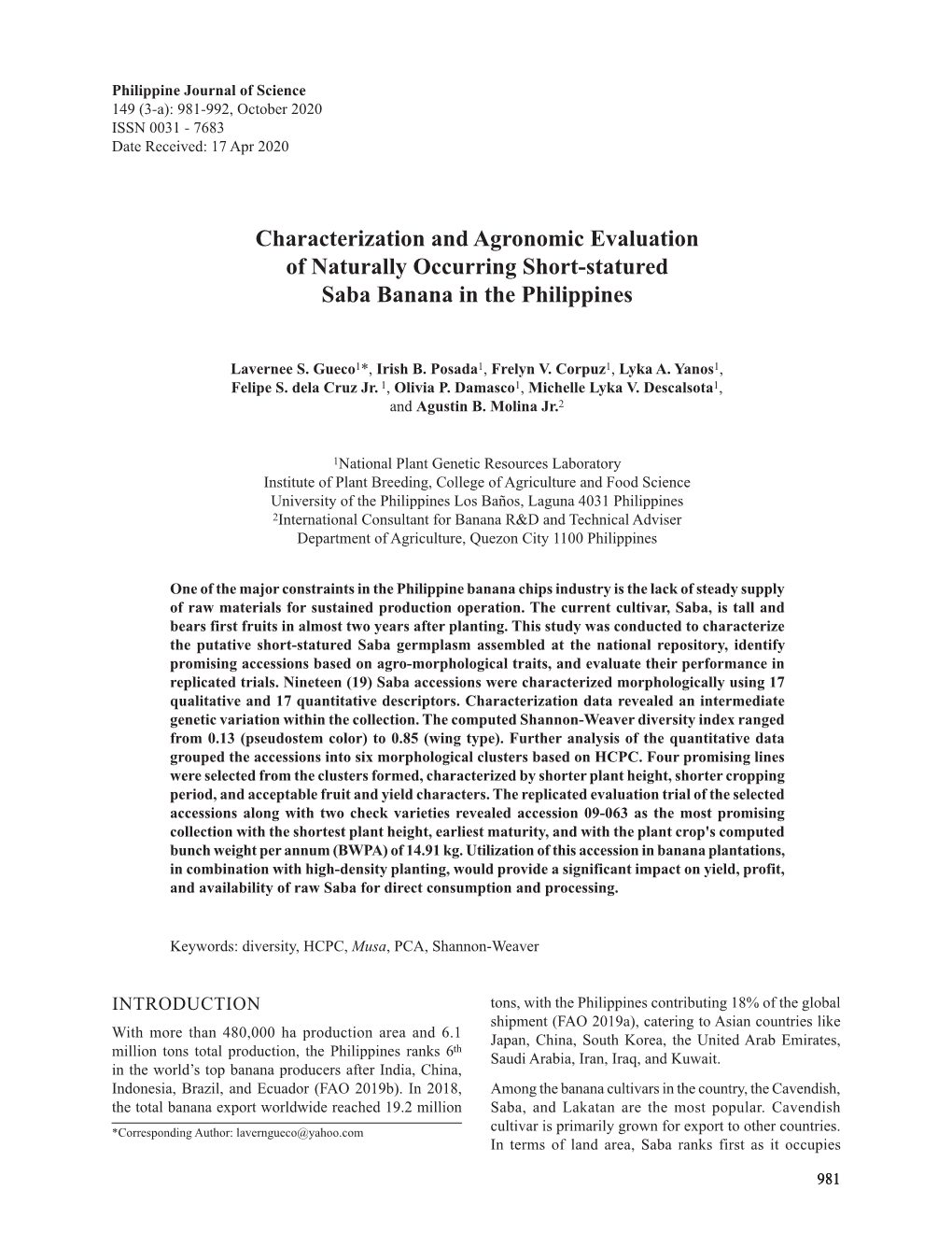 Characterization and Agronomic Evaluation of Naturally Occurring Short-Statured Saba Banana in the Philippines