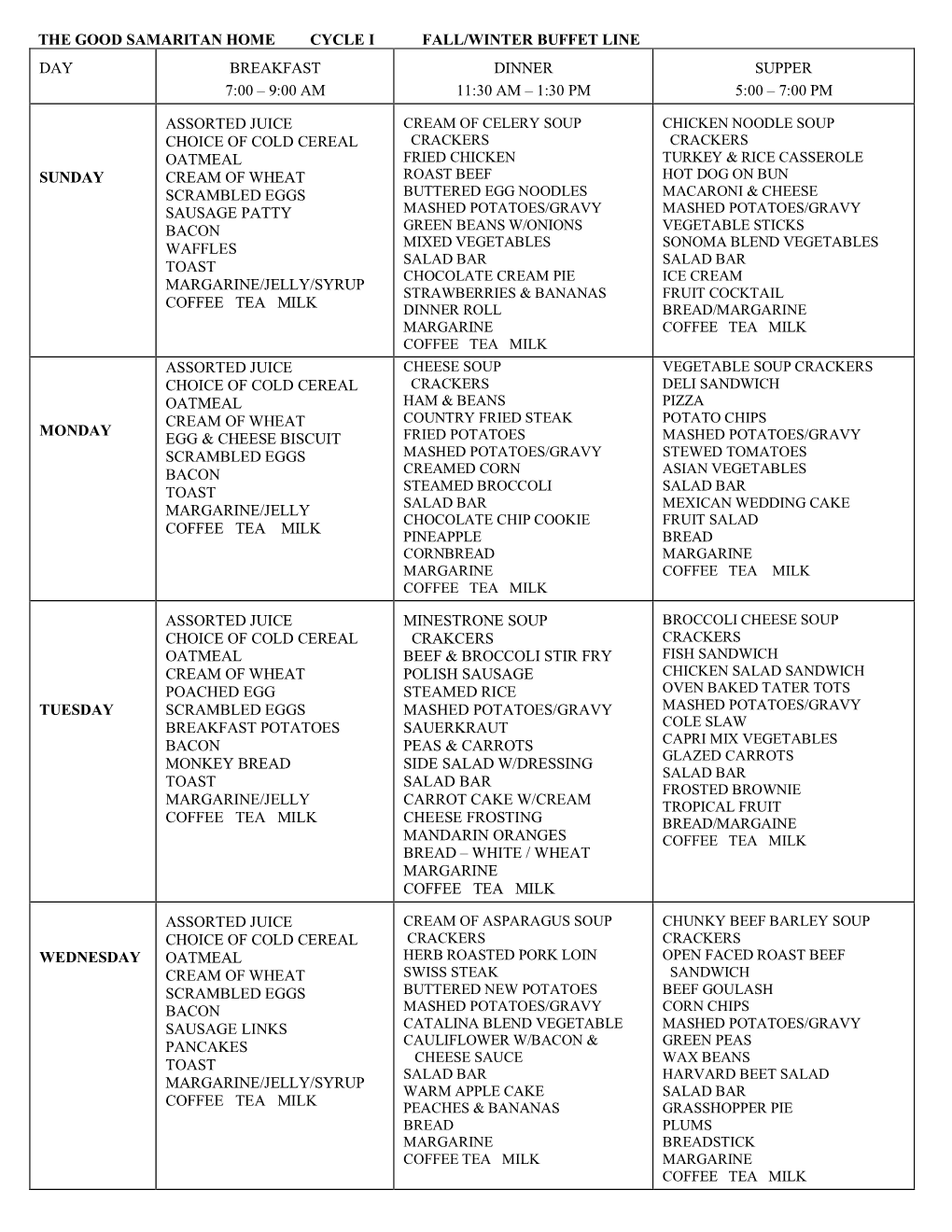 The Good Samaritan Home Cycle I Fall/Winter Buffet Line