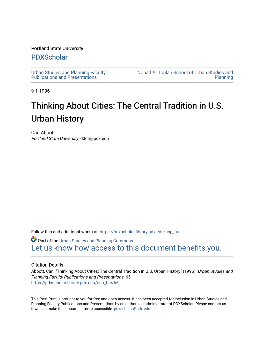 Thinking About Cities: the Central Tradition in U.S. Urban History