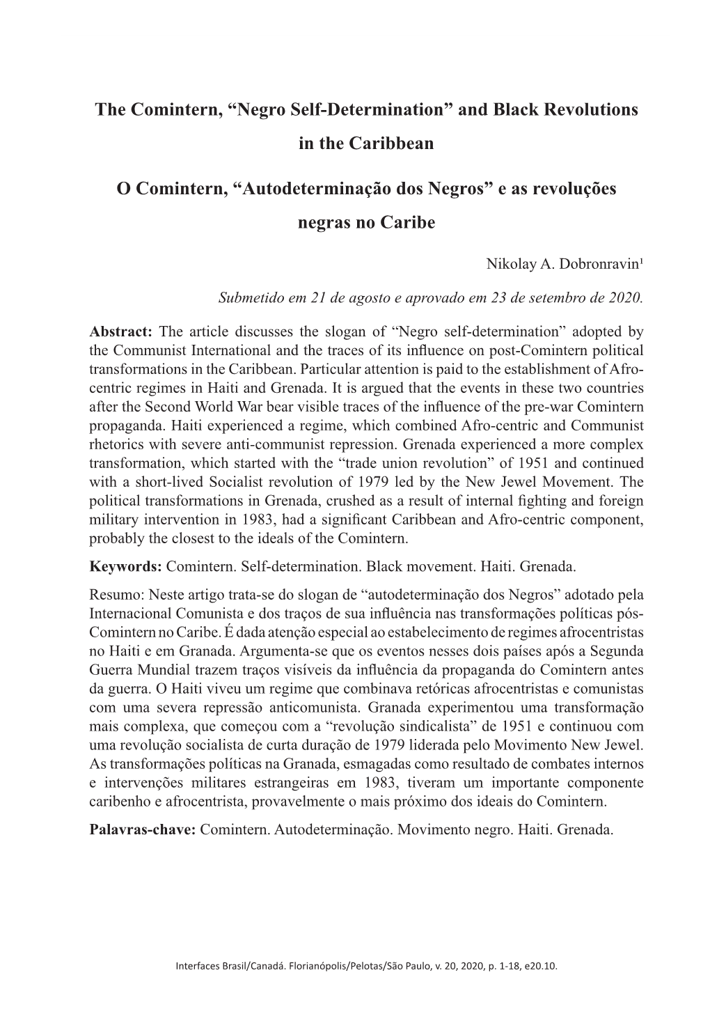 The Comintern, “Negro Self-Determination” and Black Revolutions in the Caribbean O Comintern, “Autodeterminação Dos Negr