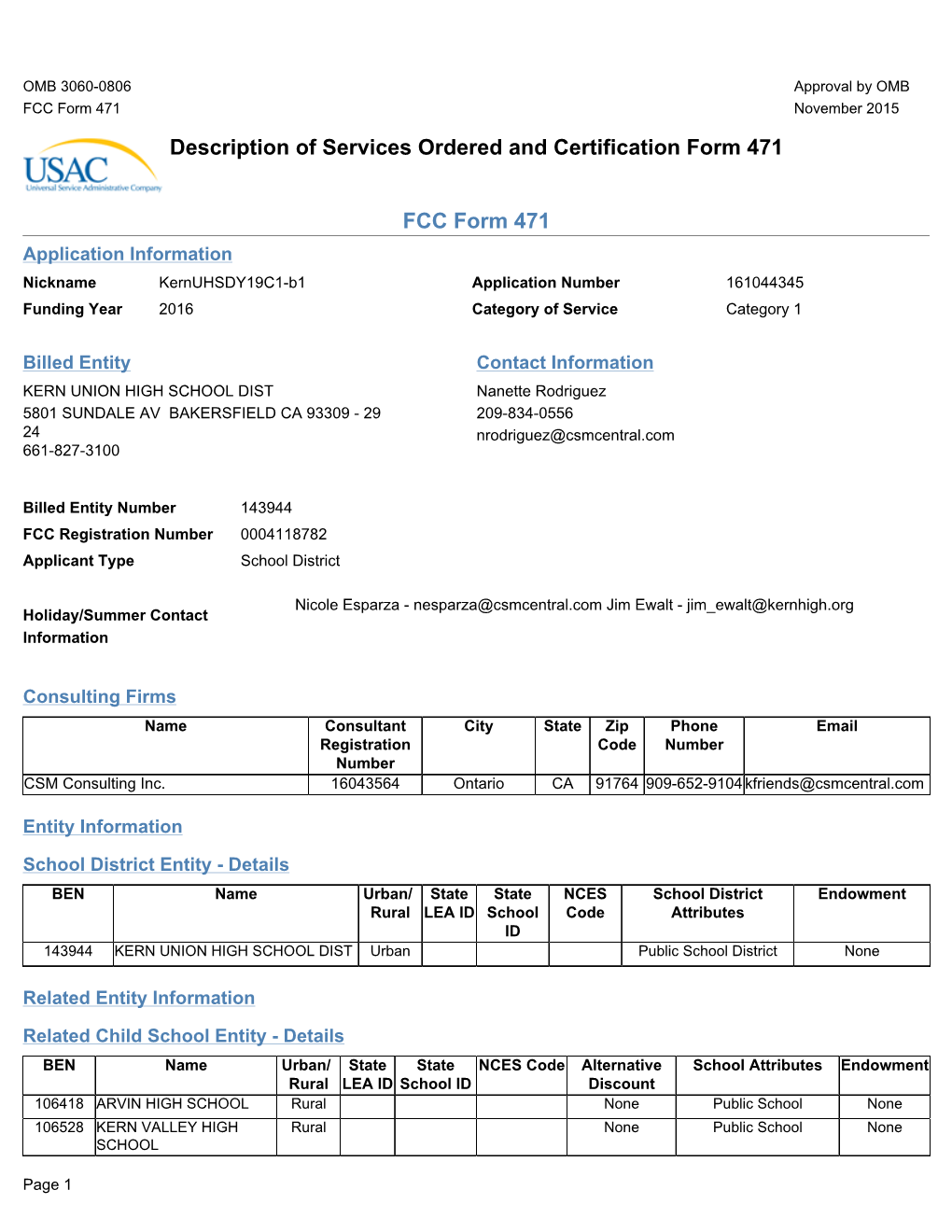 Description of Services Ordered and Certification Form 471 FCC Form