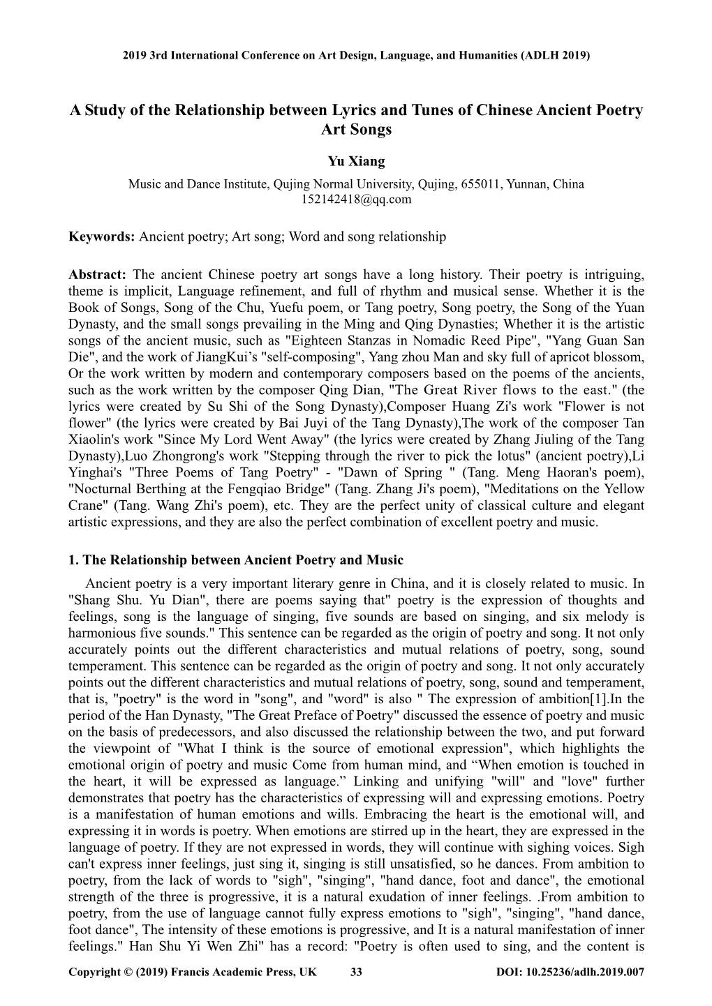 A Study of the Relationship Between Lyrics and Tunes of Chinese Ancient Poetry Art Songs