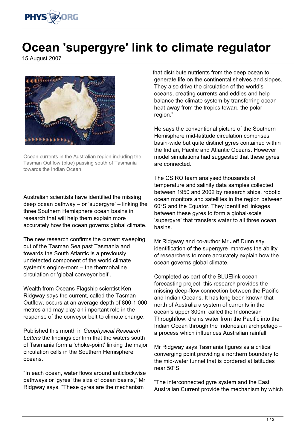 Ocean 'Supergyre' Link to Climate Regulator 15 August 2007