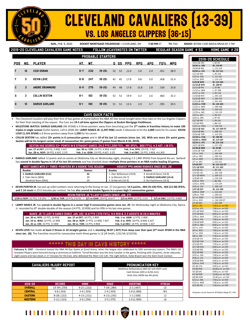 2019-20 Cleveland Cavaliers Game Notes Follow @Cavsnotes on Twitter Regular Season Game # 53 Home Game # 28