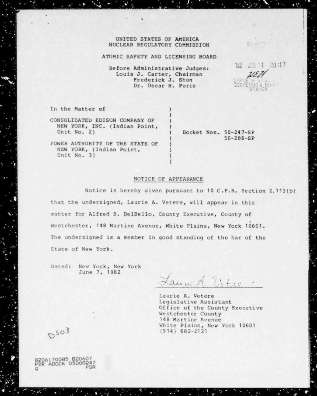 Notice of Appearance in Proceeding.Certificate of Svc Encl