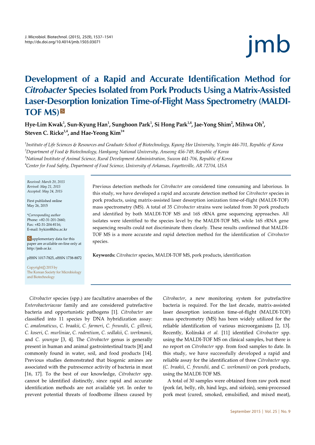 Development of a Rapid and Accurate Identification Method for Citrobacter Species Isolated from Pork Products Using a Matrix-Ass