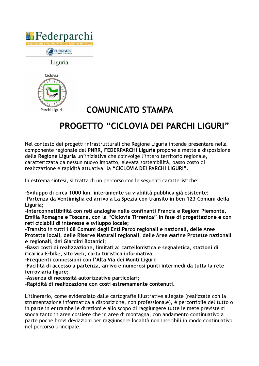 Comunicato Stampa Ciclovia Dei Parchi Liguri