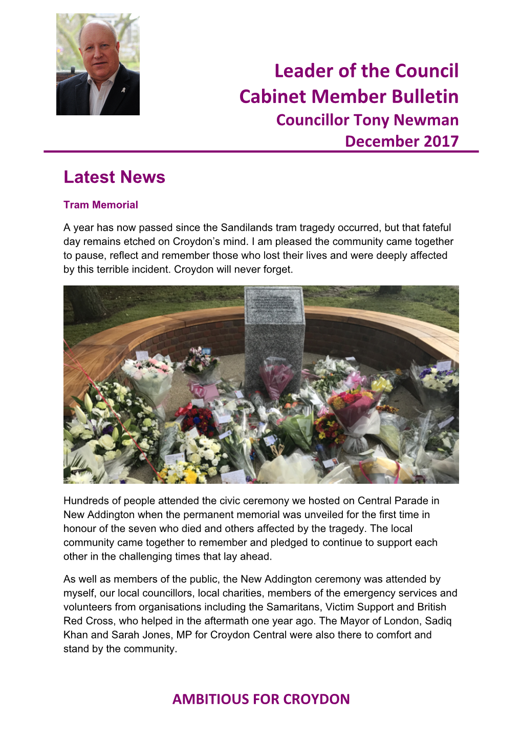 Leader of the Council Cabinet Member Bulletin Councillor Tony Newman December 2017