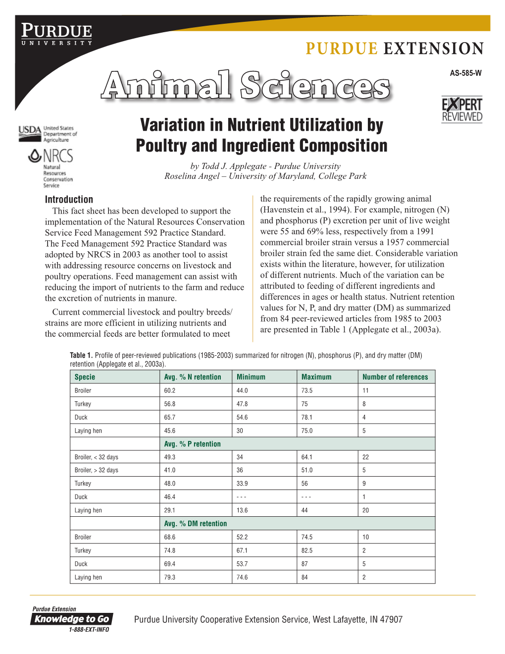 Animal Sciences AS-585-W Variation in Nutrient Utilization by Poultry and Ingredient Composition by Todd J