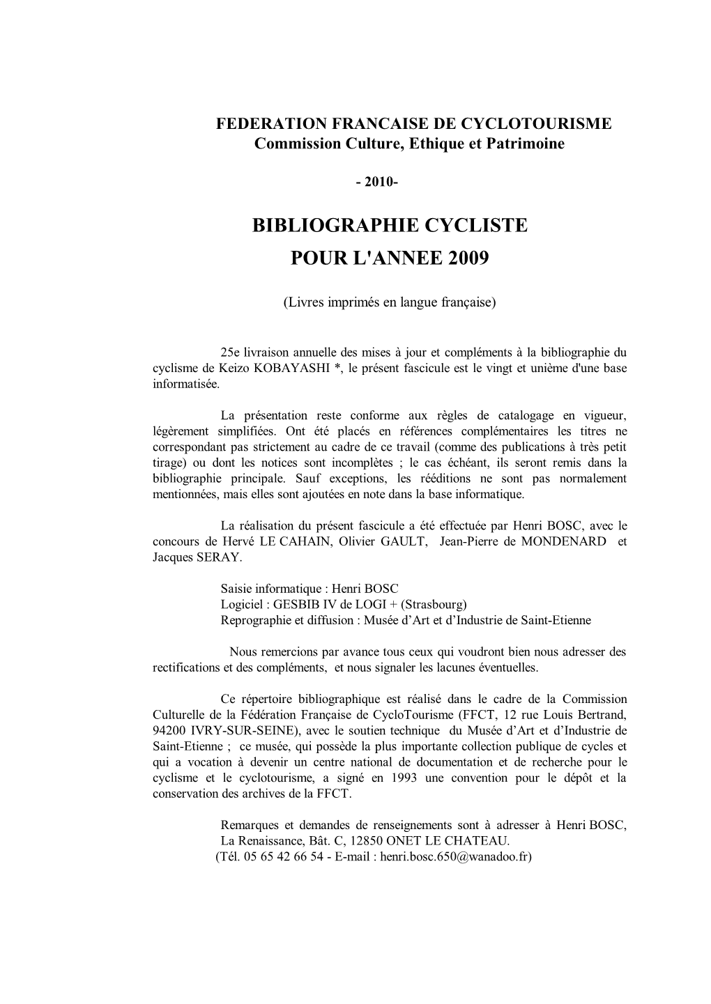 Bibliographie Cycliste Pour L'annee 2009